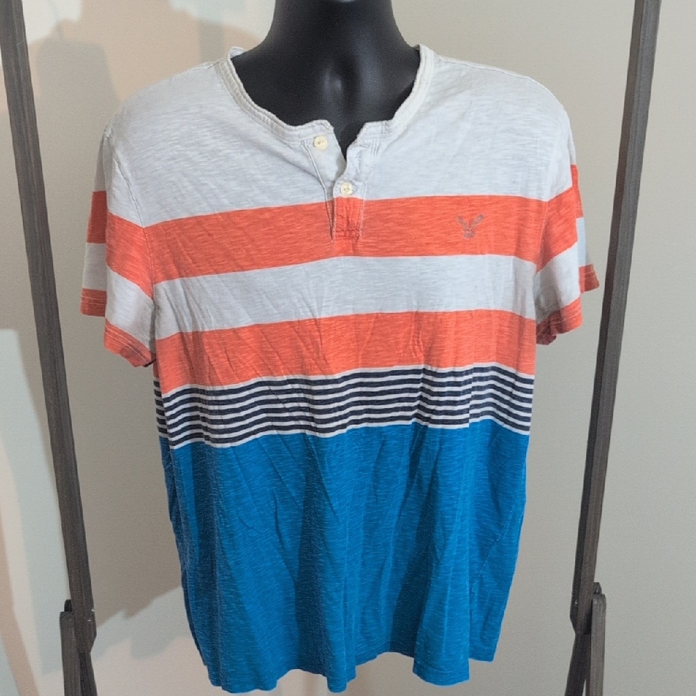 American Eagle | Striped Henley T-Shirt in Orange, White, and Blue